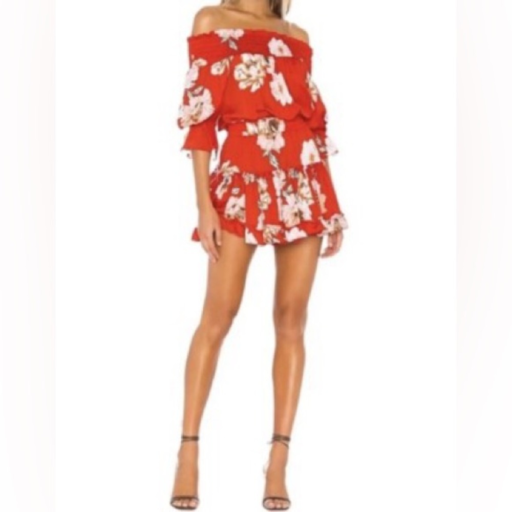 Misa LA Darla Red Floral Off the Shoulder Tiered Ruffle Mini Dress
